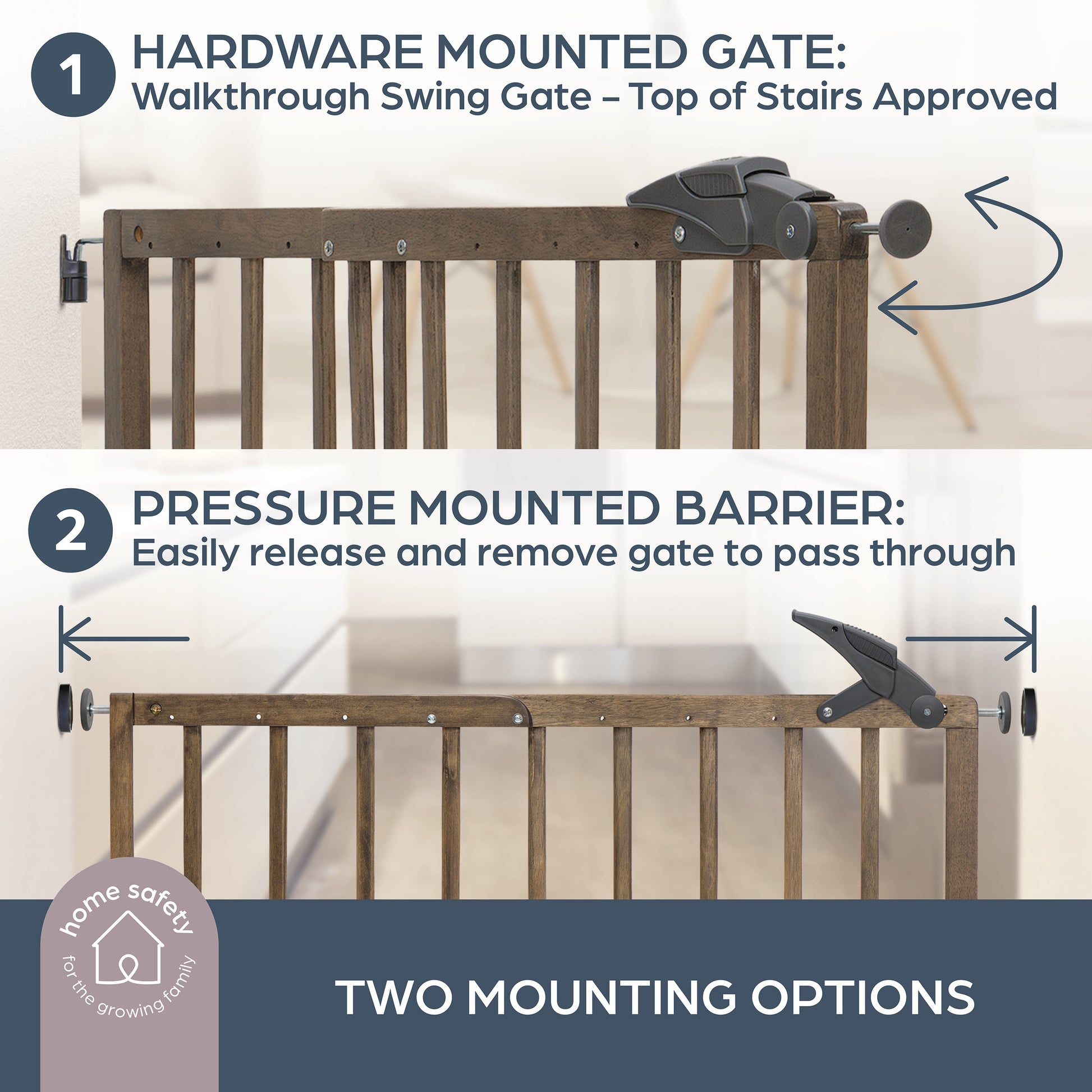 Two types of safety gates with mounting options and release mechanisms.