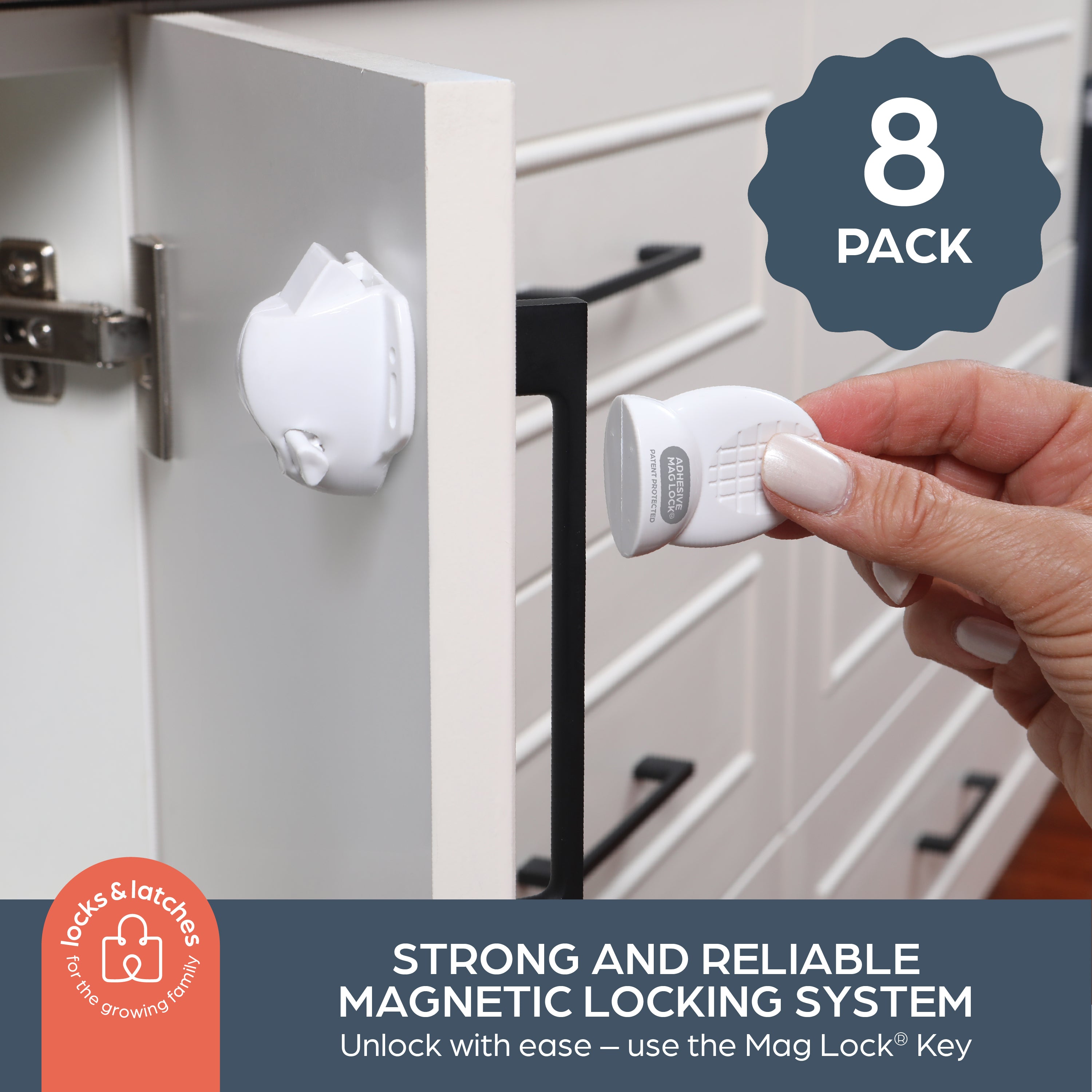 Adhesive Mag Lock¨ 8 Locks & 1 Key